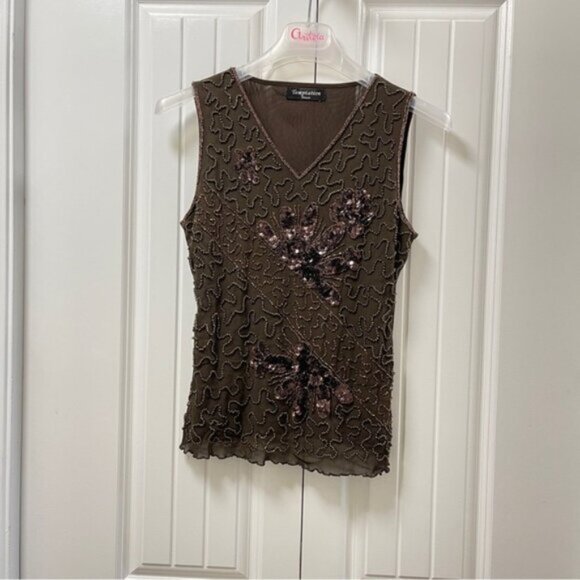 Vintage Embellished Sequin Sleeveless Top Brown - Picture 2 of 11